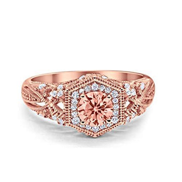 Fancy Art Deco Wedding Ring 925 Sterling Silver Round Rose Tone, Simulated Morganite CZ